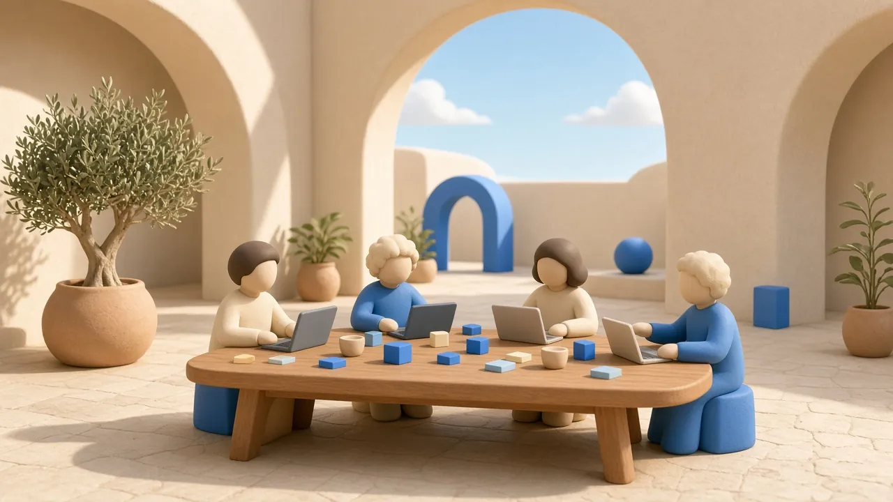 Illustration of a Mediterranean courtyard with arches and warm light