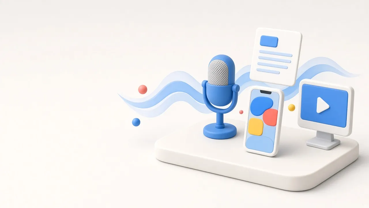 Illustration with a microphone, musical notes and abstract shapes on a light background